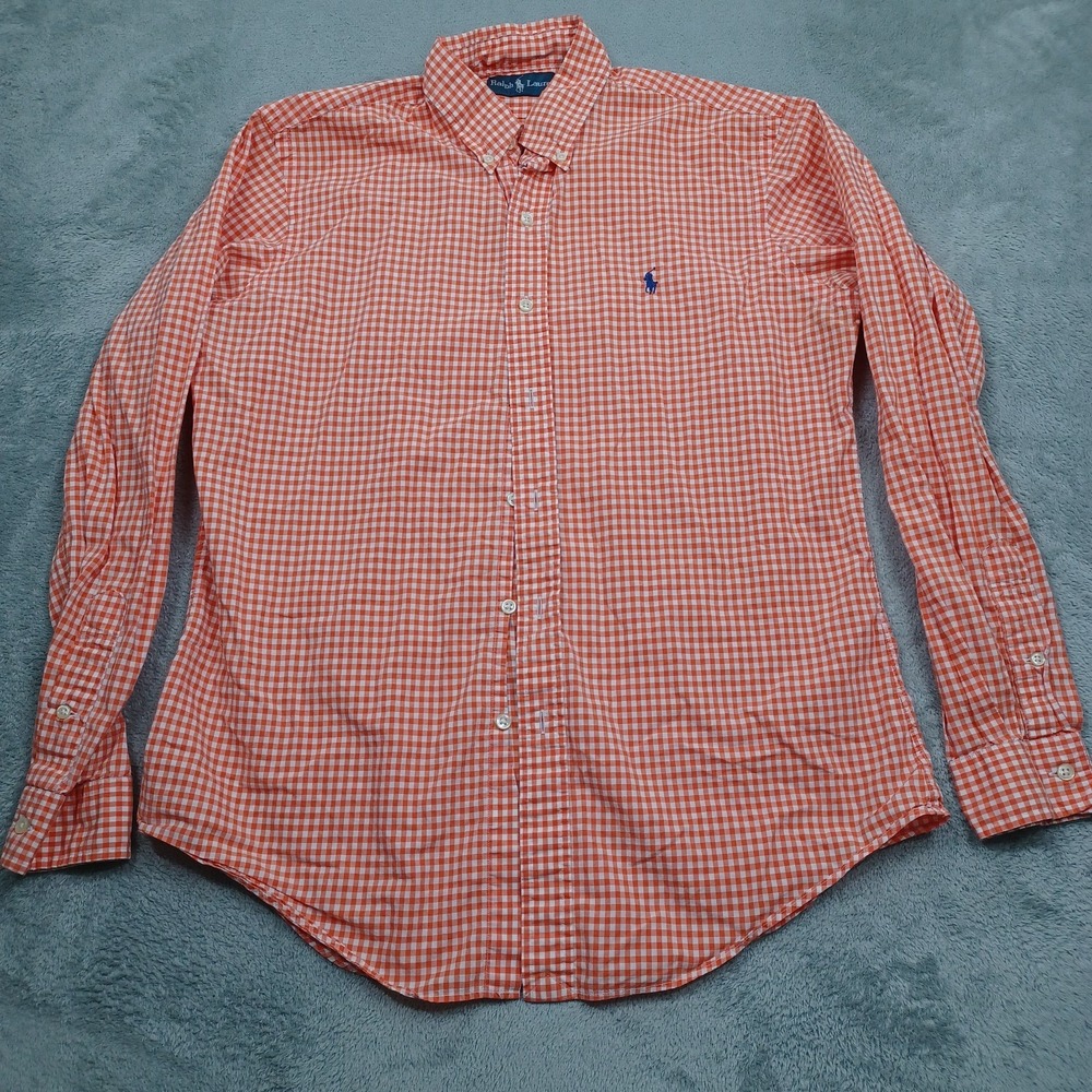 Ralph Lauren Shirt Mens Medium Orange Plaid Classic Fit Cotton Long Sleeve